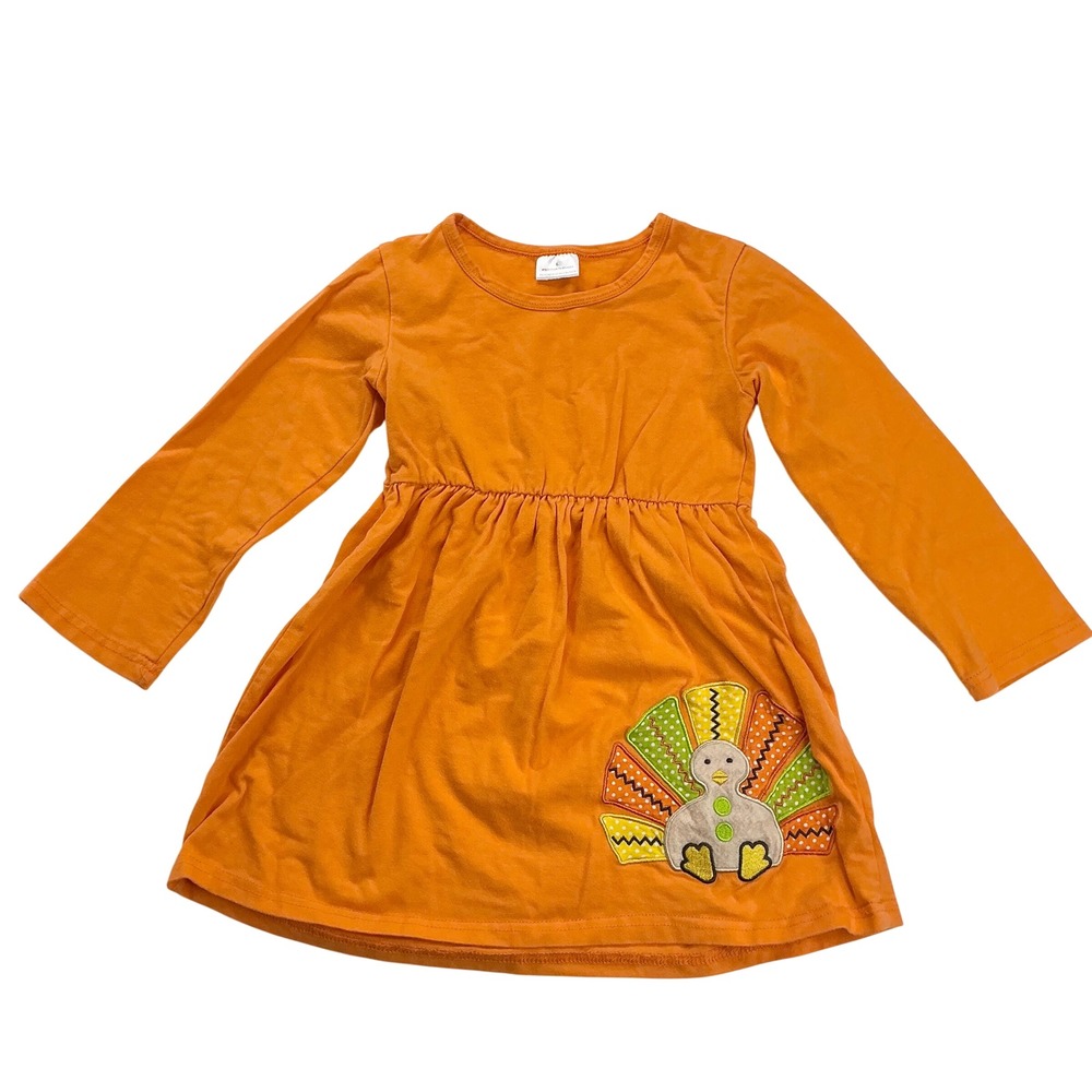 Unbranded Orange Turkey Applique Dress Kids Size L Long Sleeve Thanksgiving Fall